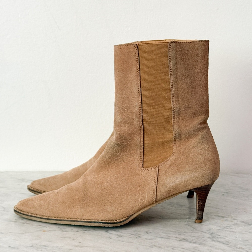 Banana Republic Suede Pointed Toe Kitten Heel Ankle Boots y2k 9.5 Tan Minimalist